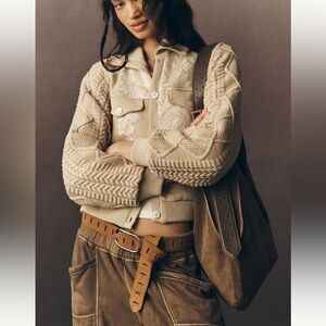 NWOT By Anthropologie Sweater Knit Trim Floral Print Jacket in Ivory Cream